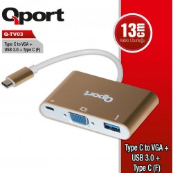 QPORT Q-TV03 0.15metre TypeC-Vga Dişi,USB Çevirici Adaptör Gold 1080p