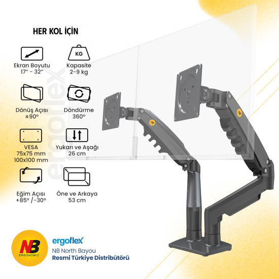 NORTH 27" NB-F160 Amortisörlü 2-kollu Monitör Askı Aparatı