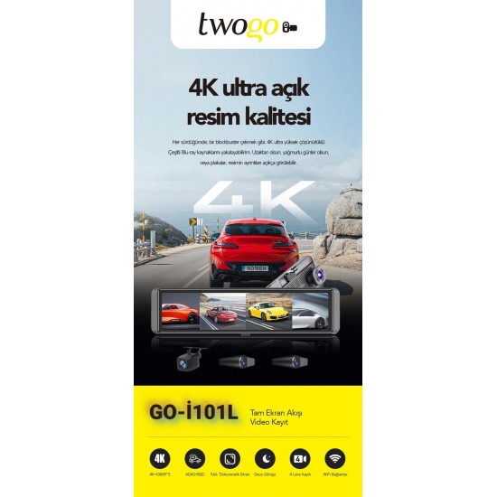 TWOGO GO-İQ11 11.26" Ayna Ekran 4 Kameralı Araç İçi Kamera (İ101L)