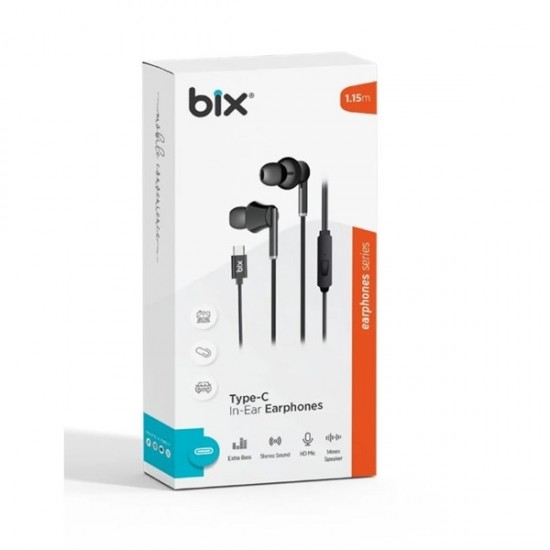 BIX HF01C-BK Type-C Siyah 14MM EXTRA BASS KULAKİÇİ Mikrofonlu Kulaklık